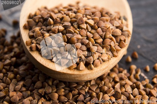 Image of Buckwheat seeds on wooden spoon in closeup 