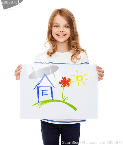 Image of smiling little child holding picture of house