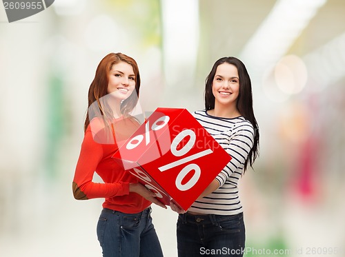 Image of two smiling teenage girl with percent sign on box