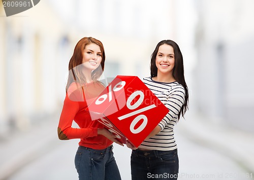 Image of two smiling teenage girl with percent sign on box