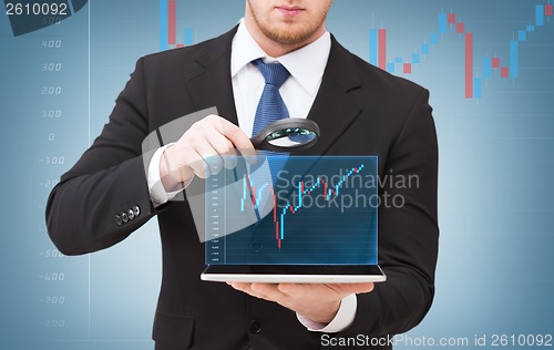 Image of businessman hand holding magnifier over tablet pc