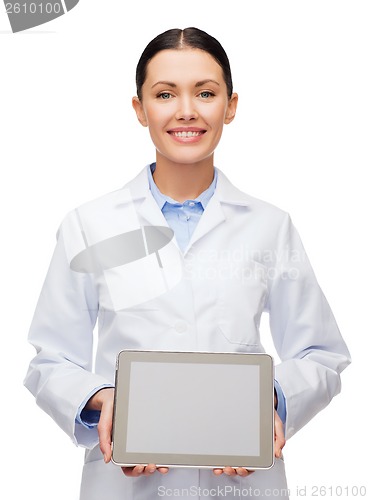 Image of female doctor with blank black tablet pc screen