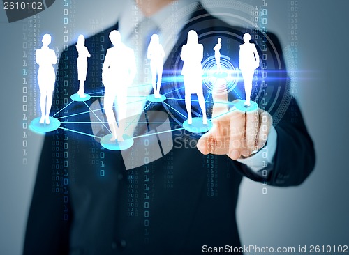 Image of man hand pointing at social or business network