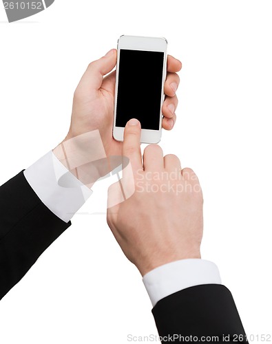 Image of businessman touching screen of smartphone