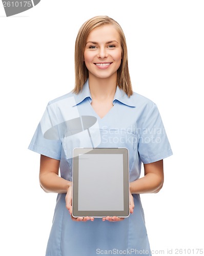 Image of smiling female doctor or nurse with tablet pc