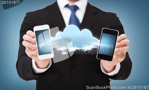 Image of businessman showing smartphones