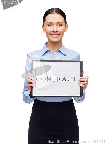 Image of smiling businesswoman with with contract