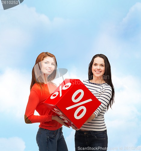 Image of two smiling teenage girl with percent sign on box