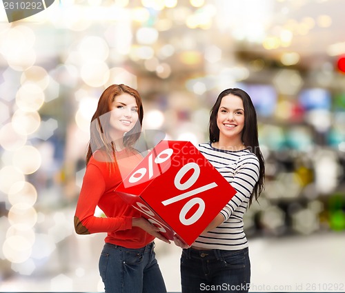 Image of two smiling teenage girl with percent sign on box