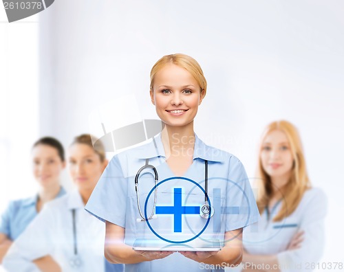 Image of smiling female doctor or nurse with tablet pc