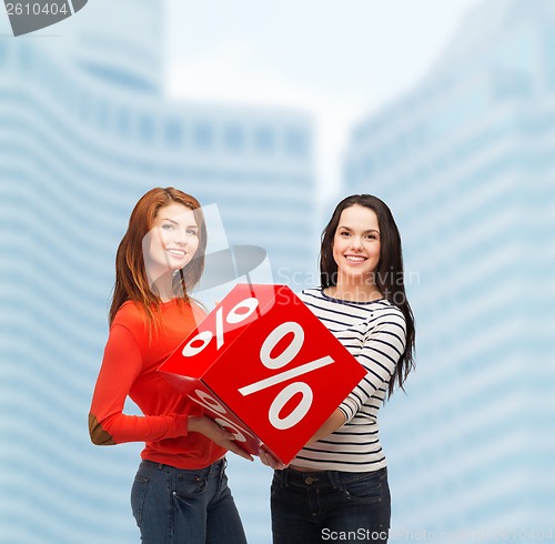 Image of two smiling teenage girl with percent sign on box