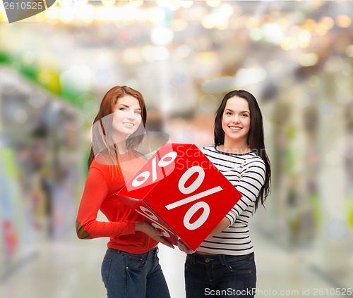 Image of two smiling teenage girl with percent sign on box