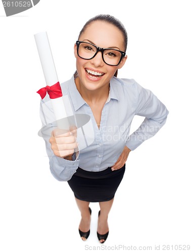 Image of smiling businesswoman in eyeglasses with diploma