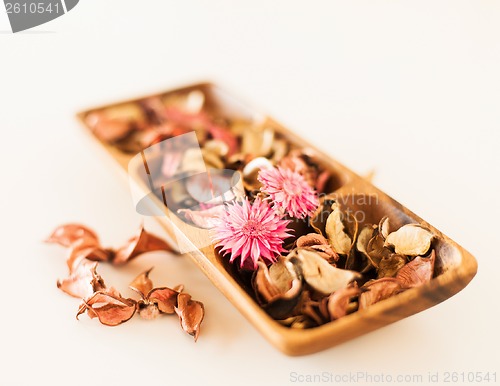 Image of closeup of pot-pourri in wooden bowl