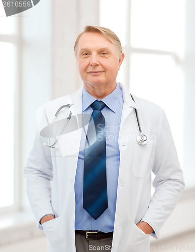 Image of smiling doctor or professor with stethoscope