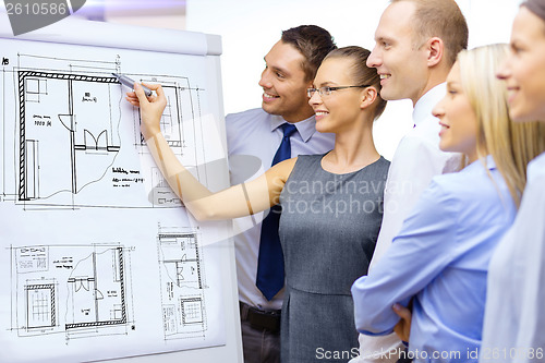 Image of business team drawing bluepring on flip board