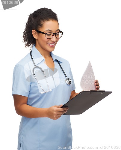 Image of smiling female african american doctor or nurse