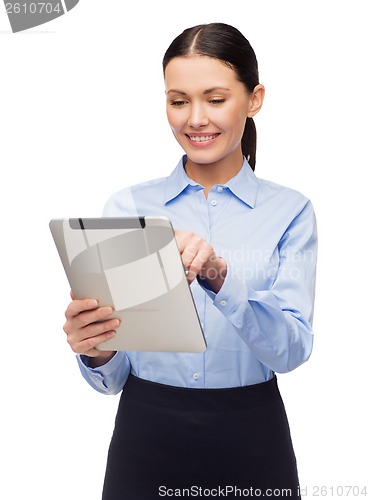 Image of smiling businesswoman with tablet computer