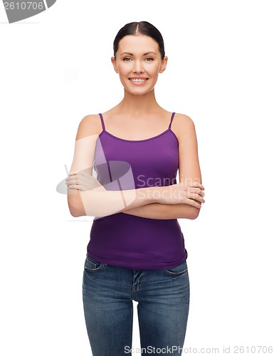 Image of girl in blank purple tank top with crossed arms