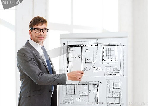 Image of businessman pointing to blueprint on flip board