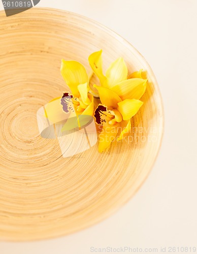 Image of closeup of wooden bowl with orchid flowers