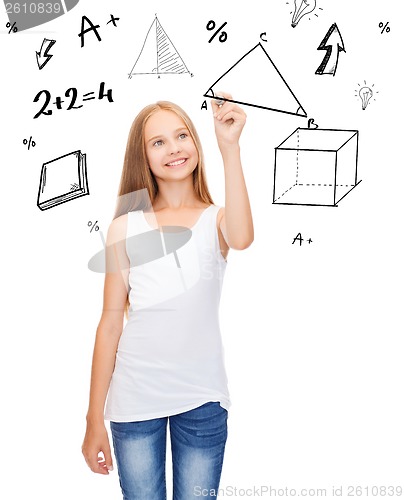 Image of smiling girl in blank white shirt drawing triangle