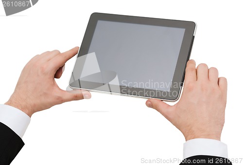 Image of close up of man hands holding tablet pc