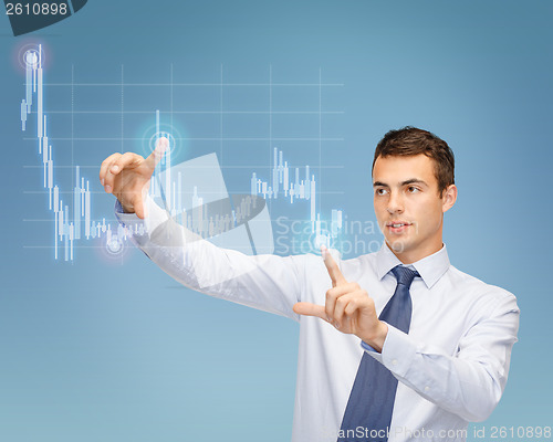 Image of man working with forex chart on virtual screen