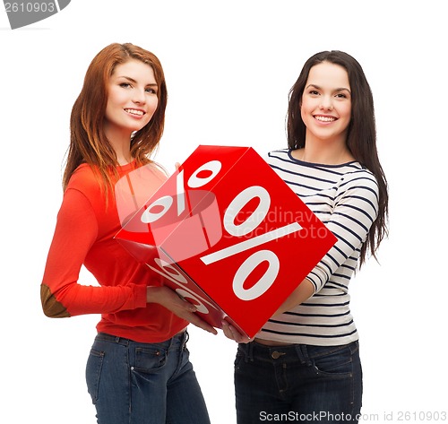 Image of two smiling teenage girl with percent sign on box