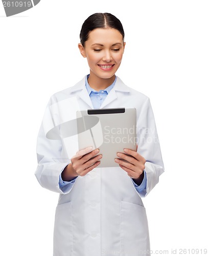 Image of female doctor without stethoscope and tablet pc