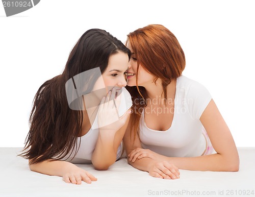 Image of two smiling girls whispering gossip