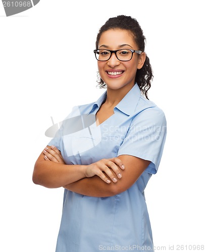 Image of smiling female african american doctor or nurse