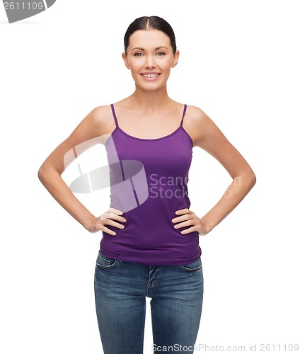 Image of smiling girl in blank purple tank top