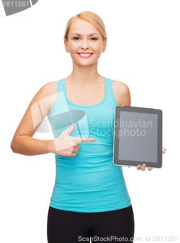 Image of sporty woman with tablet pc blank screen