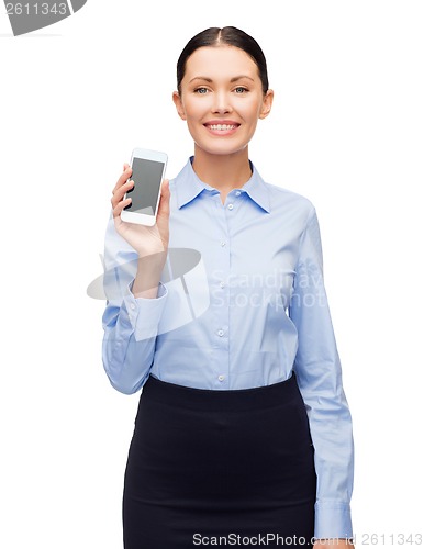 Image of smiling businesswoman with spartphone blank screen