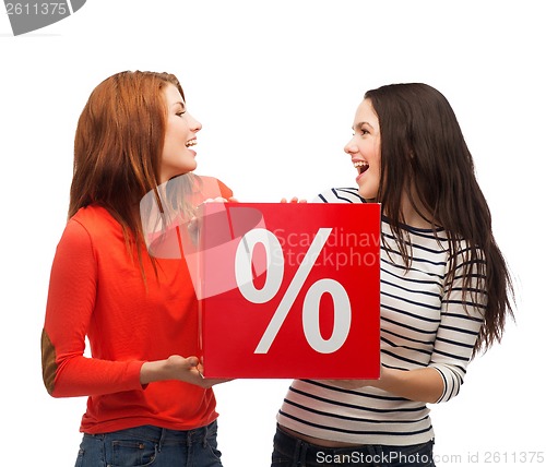 Image of two smiling teenage girl with percent sign on box