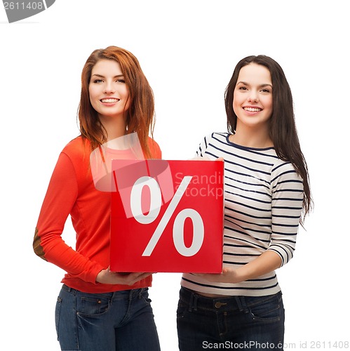 Image of two smiling teenage girl with percent sign on box