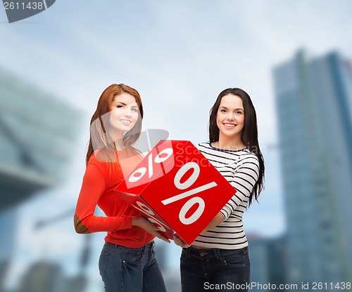 Image of two smiling teenage girl with percent sign on box