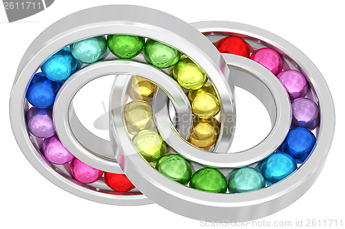 Image of Bearings with colorful balls chained together isolated on white