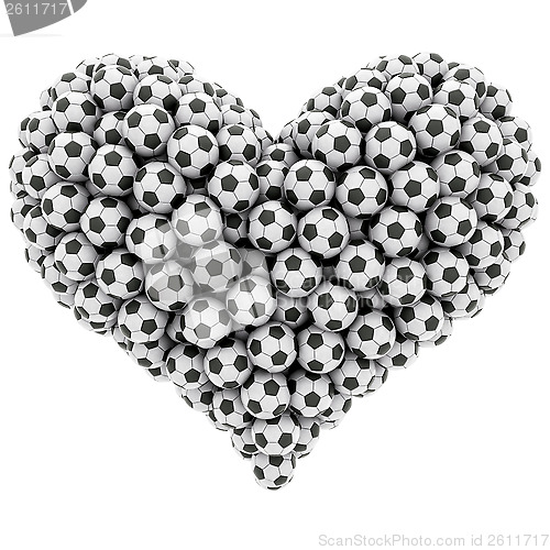 Image of Heart shape composed of many soccer balls isolated on white