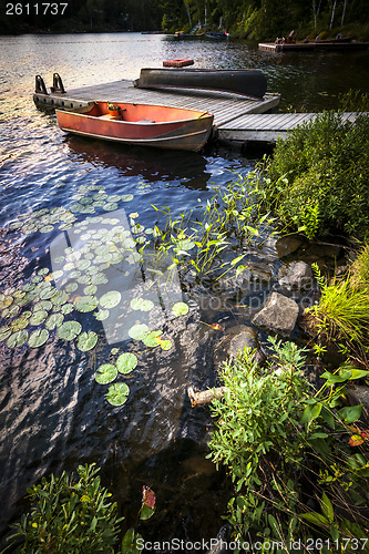 Image of Rowboat at lake shore at dusk