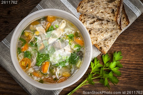Image of Chicken soup with rice and vegetables
