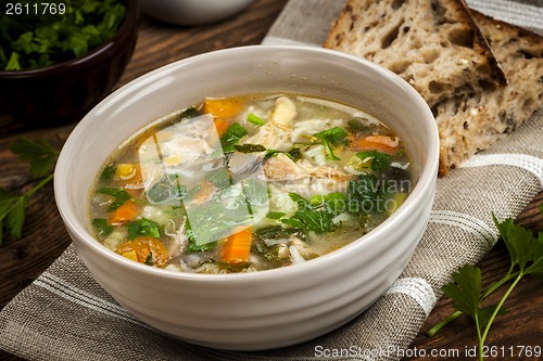 Image of Chicken soup with rice and vegetables