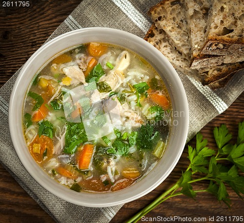 Image of Chicken soup with rice and vegetables