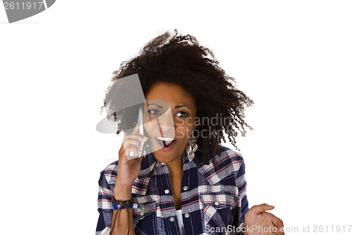 Image of Excited african american woman with cell phone