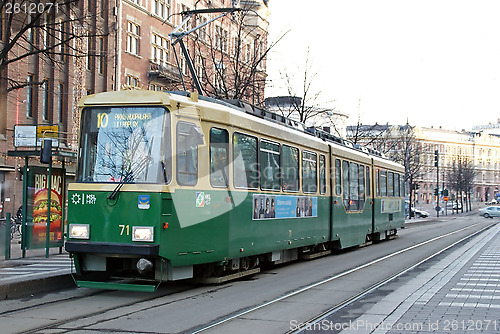 Image of Green HSL Tram no 10 in Helsinki, Finland