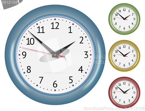 Image of Set of wall mechanical clocks.