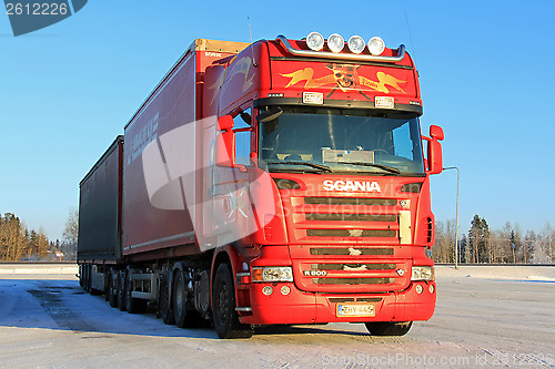 Image of Red Scania R500 Long Haulage Truck in Winter