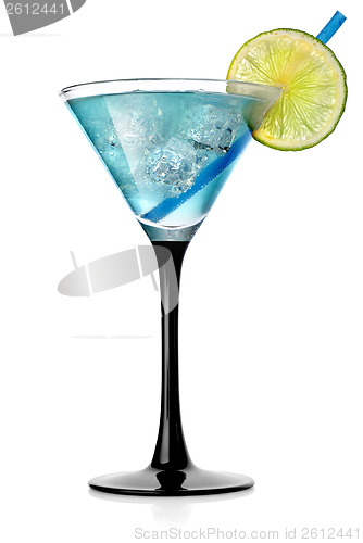 Image of Blue cocktail with lime and ice