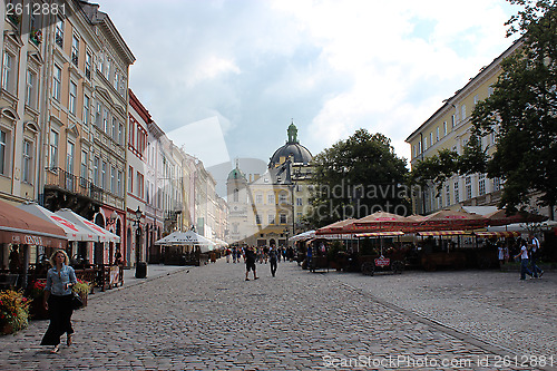 Image of street in Lvov with cozy caffe